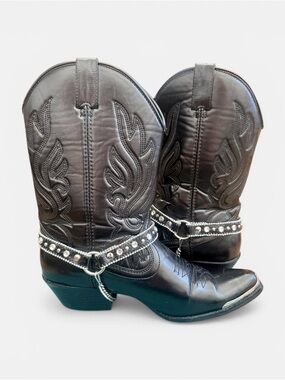 Studded Harness Western Boots Black Moto Cowgirl Snip Toe Festival Size 9.5